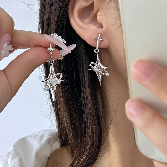 Silver Pearl Starry Earrings