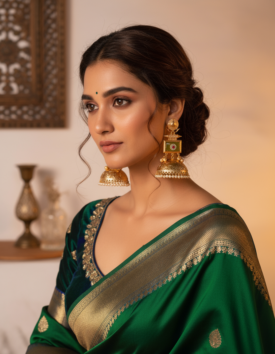 Woman wearing a green saree with gold details and gold earrings indoors.