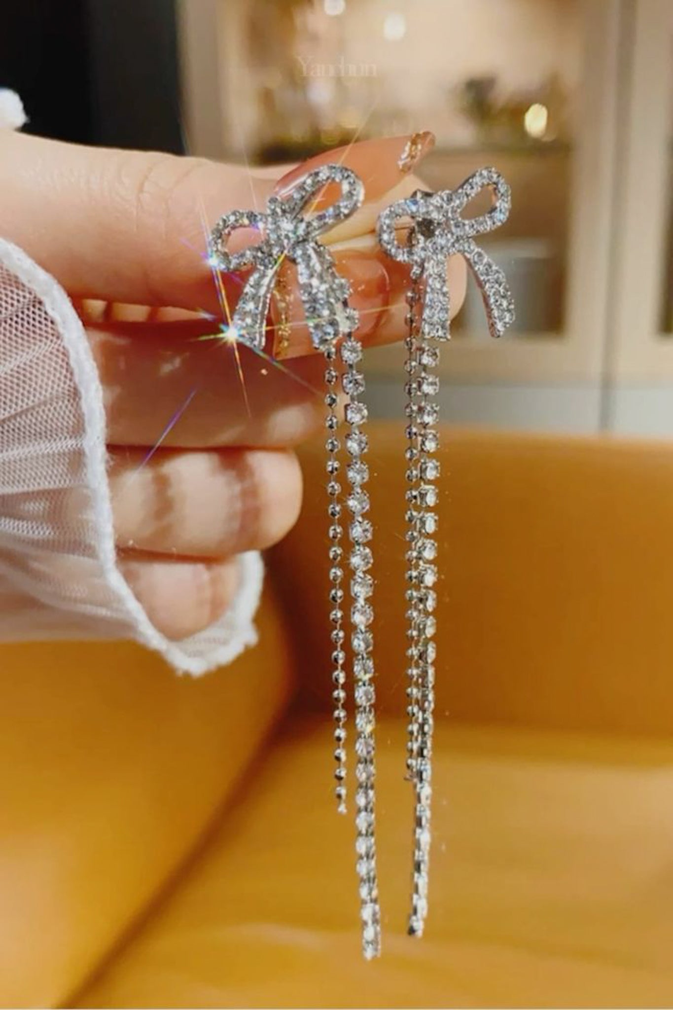 Rhinestone Bow Drop Earrings