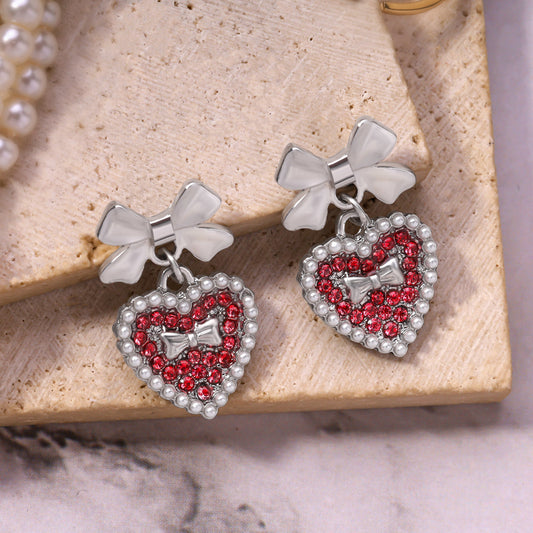Bow & Crystal Heart Stud