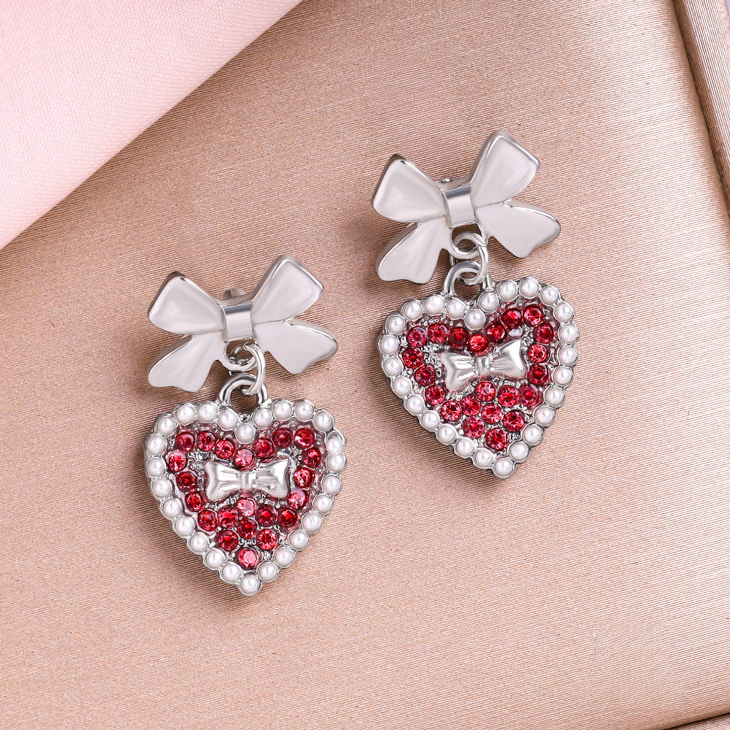 Bow & Crystal Heart Stud