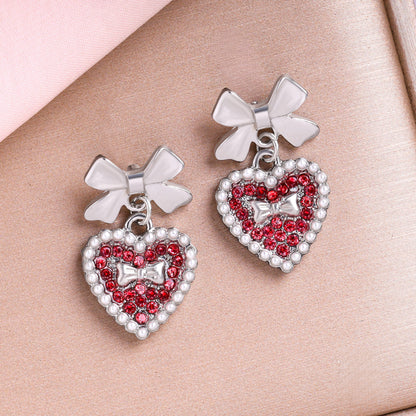 Bow & Crystal Heart Stud